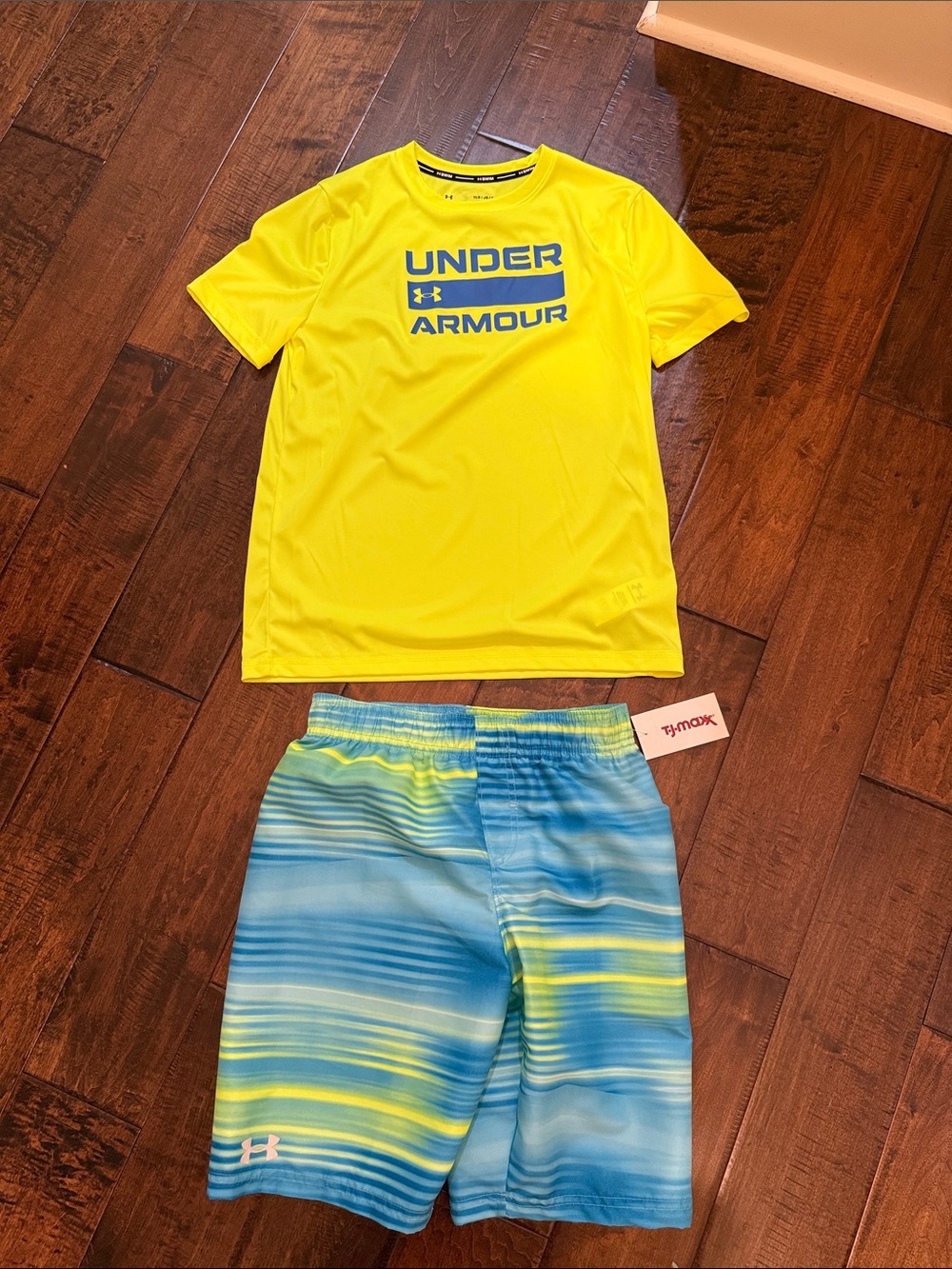 Under Armour Neon Yellow Rashguard with Blue & Yellow Gradient Swim Shorts